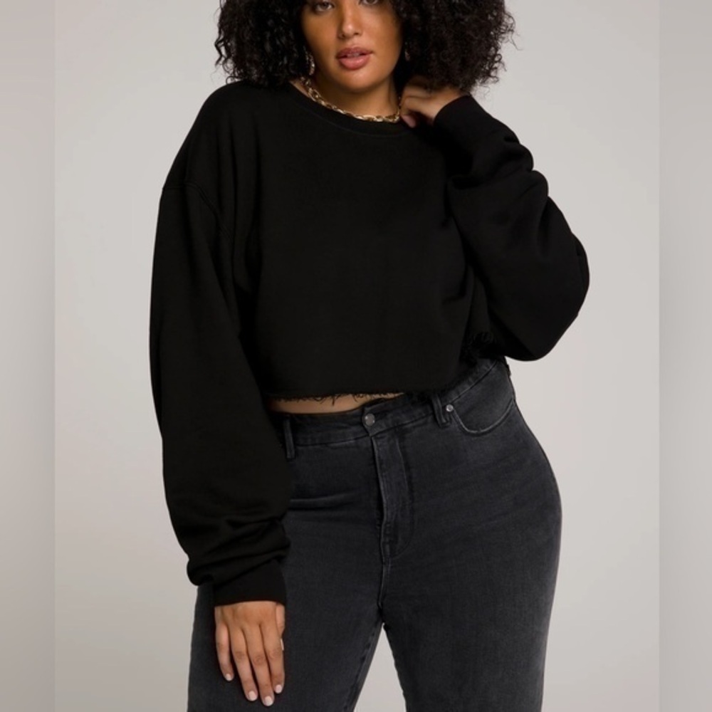 Good American Cotton Cropped Sweatshirt Black Wash Crewneck Womens Size 7 or 4X
